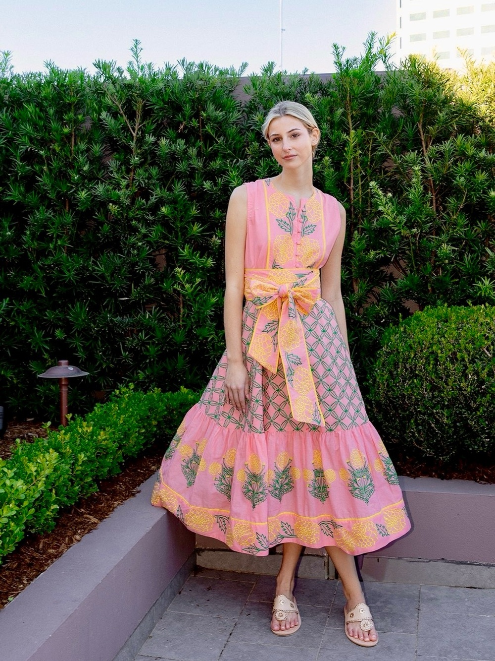 Sue Sartor Marigold Embro Sleeveless Pink Midi Dress with Sash